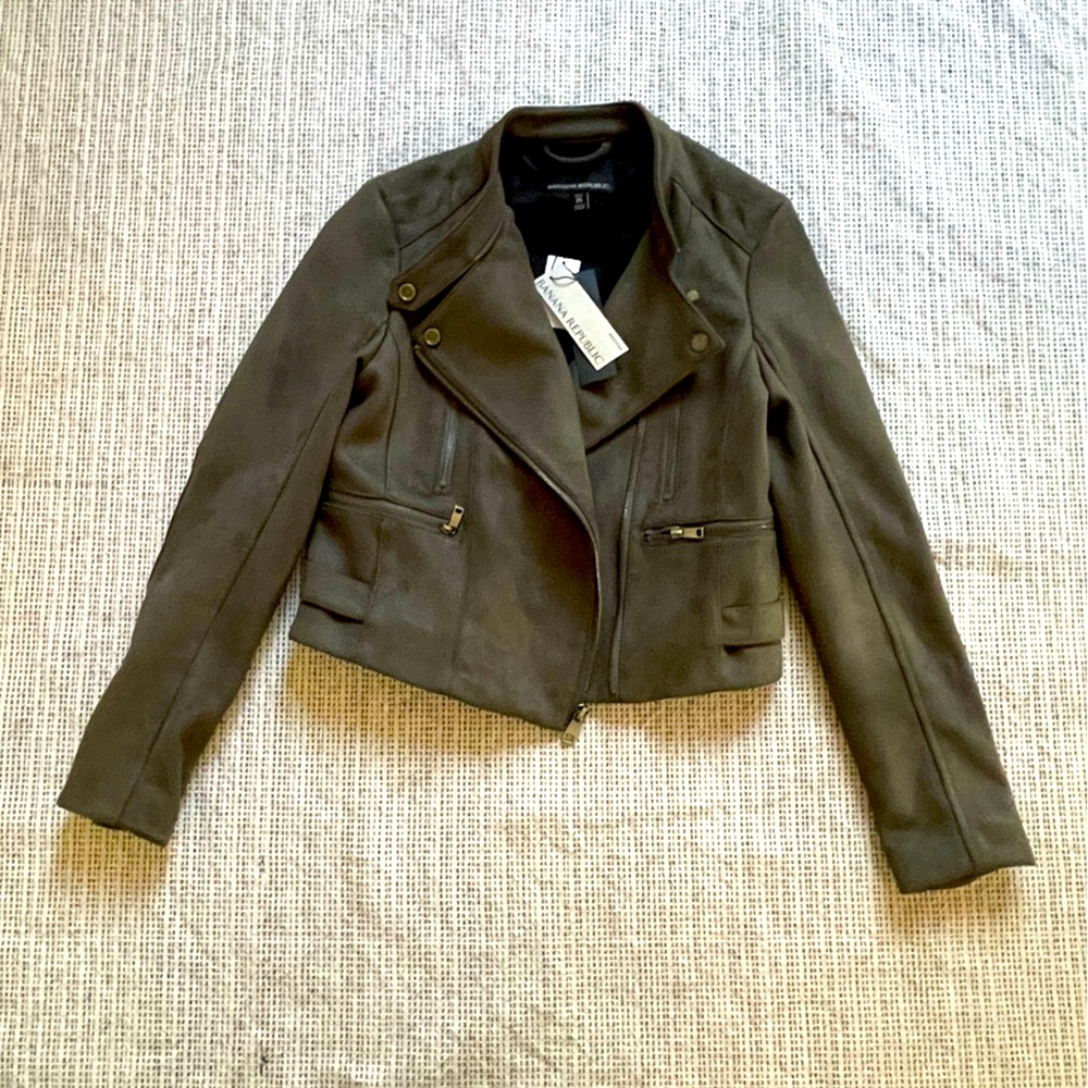 NWT Faux Leather Quilted Banana Republic Moto Jacket Olive Green